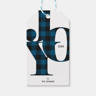 Joy Typography  Blue Buffalo Plaid Holiday Gift Tags