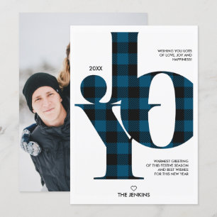 Joy Typography Blue Buffalo Plaid Photo Holiday Invitation