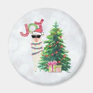 Joy Typography   Christmas Llama behind a Tree Magnet