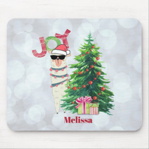 Joy Typography Christmas Llama behind a Tree Mouse Mat