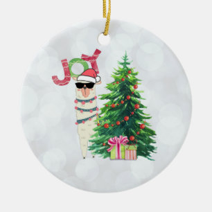 Joy Typography   Christmas Llama with Tree Ceramic Tree Decoration