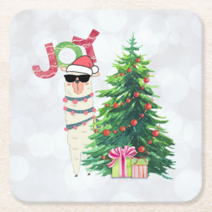 Joy Typography   Christmas Llama with Tree Square Paper Coaster