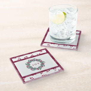 “JOY” Typography Holly Berry Wreath Holiday Glass Coaster