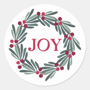“JOY” Typography Holly Berry Wreath Red Classic Round Sticker