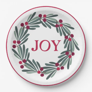 “JOY” Typography Holly Berry Wreath Red Paper Plate