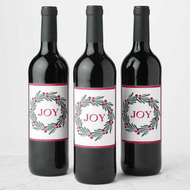 “JOY” Typography Holly Berry Wreath Red Wine Label (Bottles)