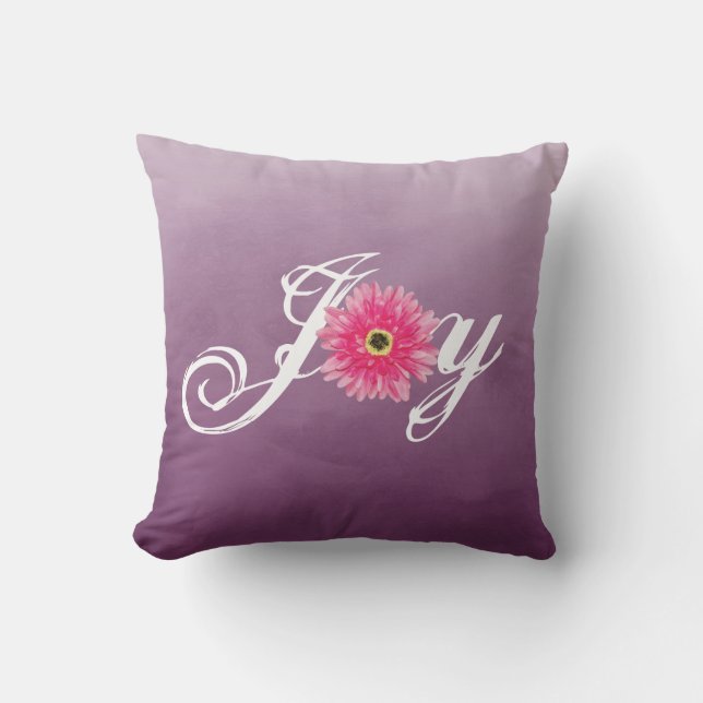 Joy Typography Pink Gerbera Daisy Flower on Purple Cushion (Front)