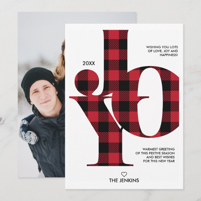 Joy Typography Red Buffalo Plaid  Photo Holiday Invitation (Front/Back)