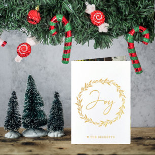 Joy Typography Script Wreath 3 Photo Christmas Foil Card