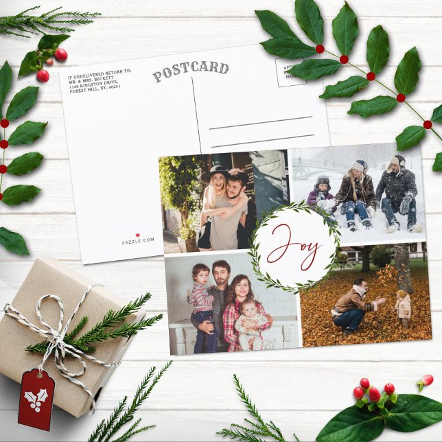 Joy Typography Script Wreath 4 Photo Christmas Holiday Postcard (Creator Uploaded)