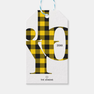 Joy Typography  Yellow Buffalo Plaid Holiday Gift Tags