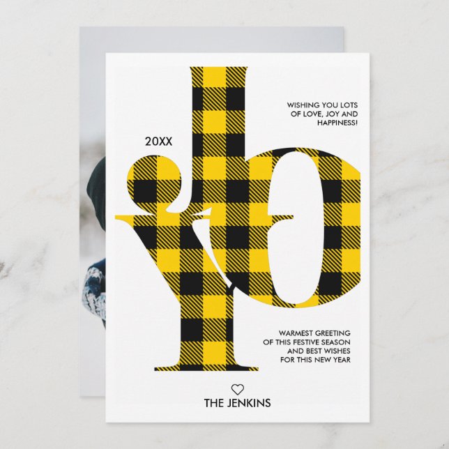 Joy Typography Yellow Buffalo Plaid  Photo Holiday Invitation (Front/Back)