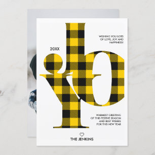 Joy Typography Yellow Buffalo Plaid  Photo Holiday Invitation