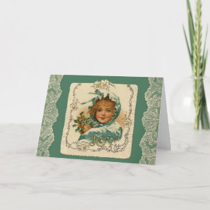 Joy Victorian Christmas girl in bonnet Holiday Card