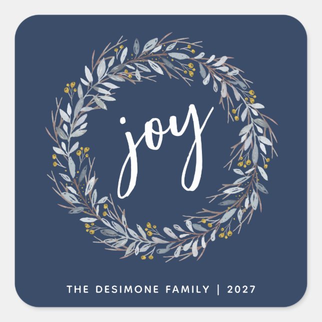 Joy Watercolor Botanical Wreath Christmas Blue Square Sticker (Front)