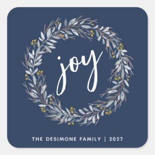 Joy Watercolor Botanical Wreath Christmas Blue Square Sticker