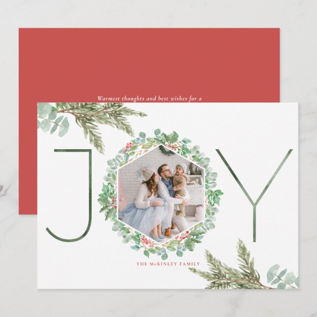 JOY Watercolor Christmas Foliage Wreath Photo Holiday Card (Front/Back)