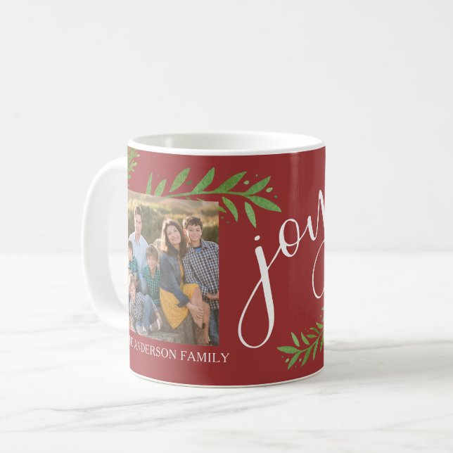 Joy Watercolor Christmas Leaves 2 Photos Coffee Mug (Front Left)