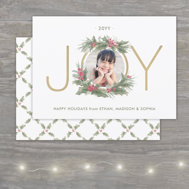 JOY Watercolor Christmas Wreath Custom Photo Gold Holiday Card (Creator Uploaded)