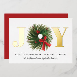 JOY Watercolor Christmas Wreath Gold  Foil Holiday Card