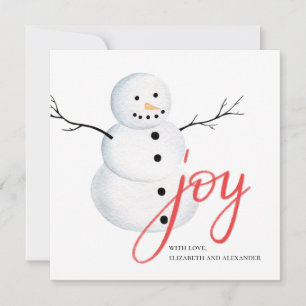 Joy. Watercolor cute Christmas snowman. Red white Holiday Card