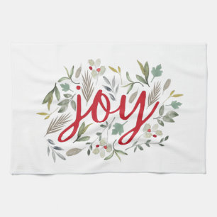 Joy Watercolor Floral Red Script   Tea Towel