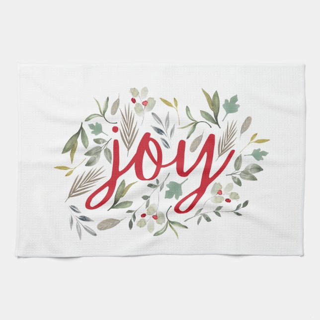 Joy Watercolor Floral Red Script   Tea Towel (Horizontal)