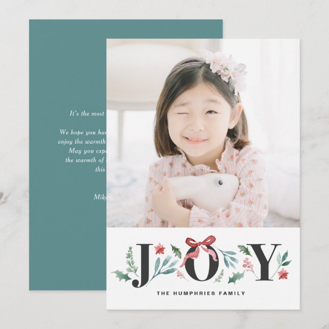 JOY Watercolor Holiday Foliage and Flowers Photo (Front/Back)