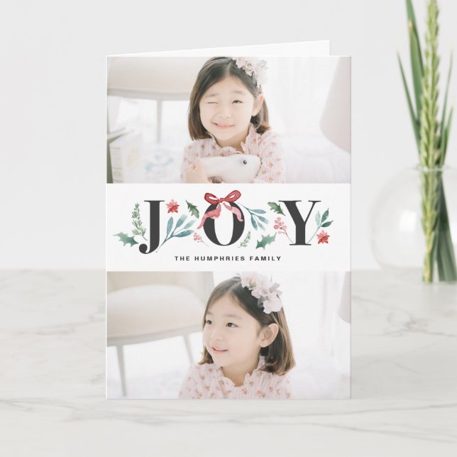 JOY Watercolor Holiday Foliage & Flowers Two Photo Card (Front)