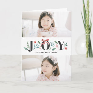 JOY Watercolor Holiday Foliage & Flowers Two Photo Card