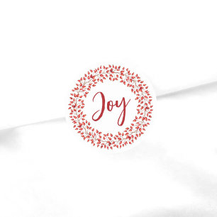 Joy Watercolor Rosehips Wreath. Christmas Classic Round Sticker