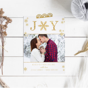 "Joy" White & Gold Snowflakes Photo Christmas Card