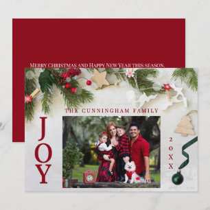 Joy White Greenery Red Family Photo Holiday Card