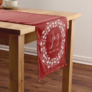 Joy White Holly Wreath Personalised Red Short Table Runner