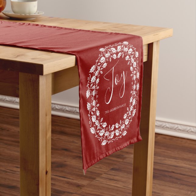 Joy White Holly Wreath Personalised Red Short Table Runner (In Situ)