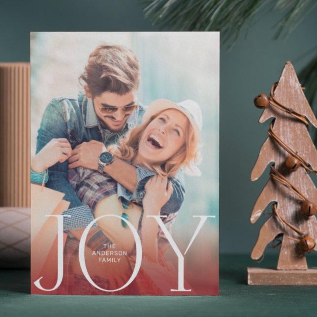 JOY White Red Overlay Photo Modern Holiday Card (Creator Uploaded)