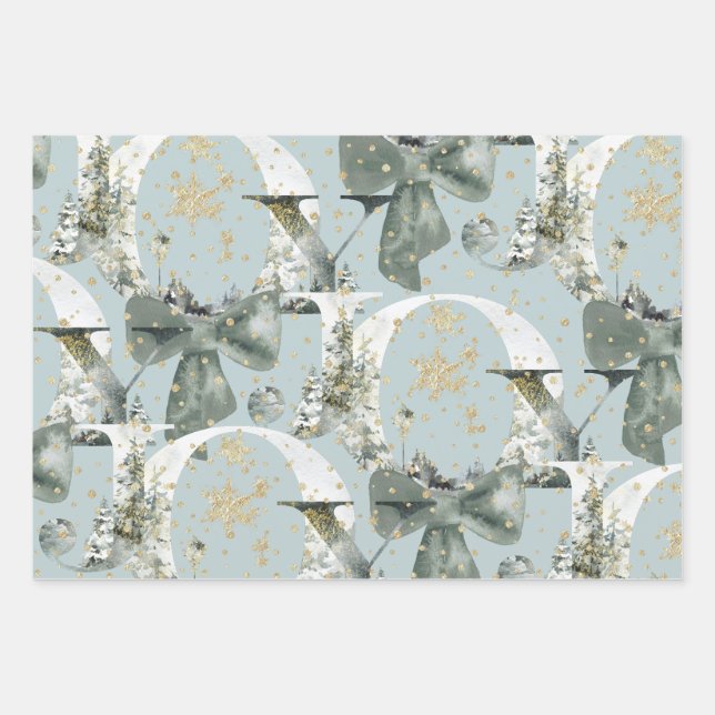 Joy Winter Forest Font Green Bow Gold Snow   Wrapping Paper Sheet (Front)