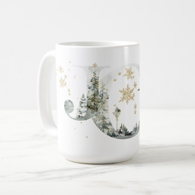 Joy Winter Forest Lettering Gold Snowflakes Coffee Mug (Front Left)