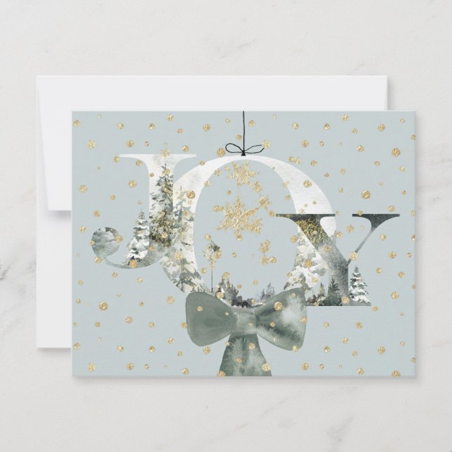 Joy Winter Woodland Forest Lettering Gold Snow Holiday Card (Front)