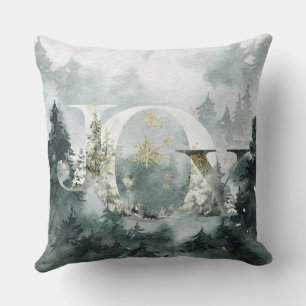 Joy Winter Woodland Mountain Forest Gold Snowflake Cushion