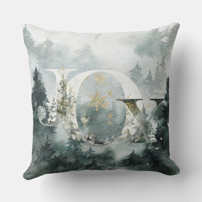 Joy Winter Woodland Mountain Forest Gold Snowflake Cushion (Back)