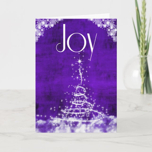 Joy with Contemporary Christmas Tree in Purple Holiday Card (Front)
