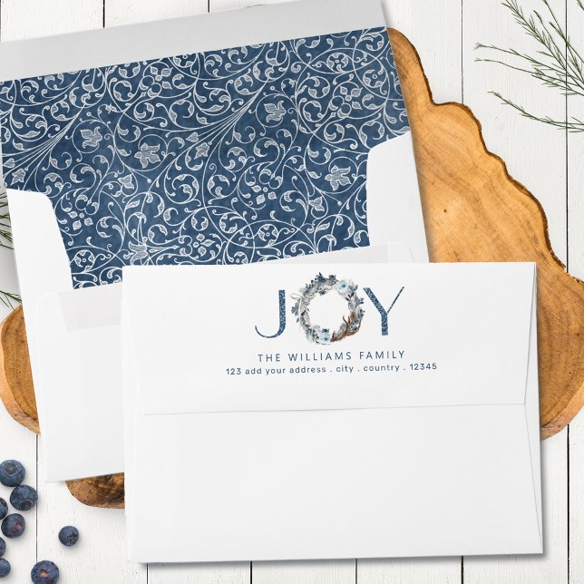 JOY With Holiday Wreath, Blue Silver Swirl Pattern Envelope (Creator Uploaded)