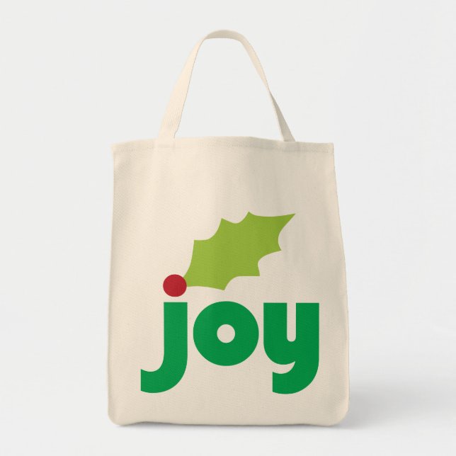 Joy with Holly Leaf and Berry Organic Grocery Tote Bag (Front)