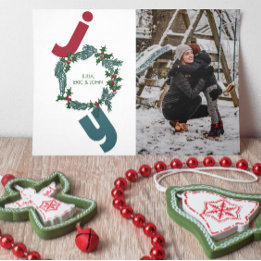 Joy with photo and christmas wreath on blue holiday card
