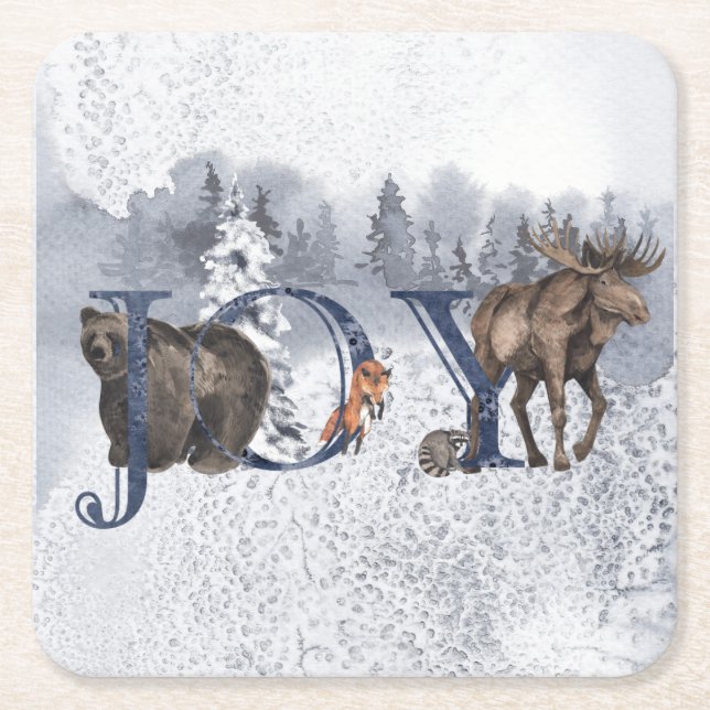 Joy Woodland Animal Winter Snow Holiday Square Paper Coaster (Front)
