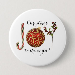 Joy word art candy cane ornament and holly 7.5 cm round badge