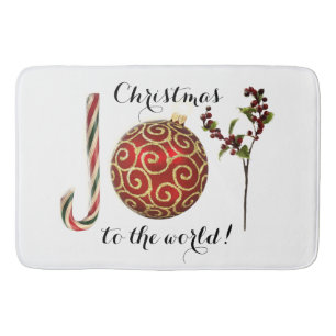 Joy word art candy cane ornament and holly bath mat