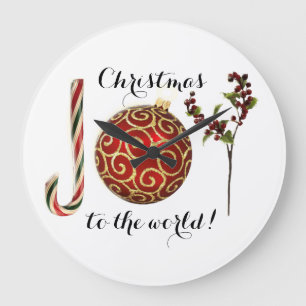 Joy word art candy cane ornament and holly large clock