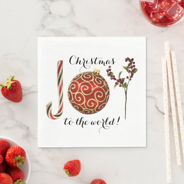 Joy word art candy cane ornament and holly napkin (Insitu)